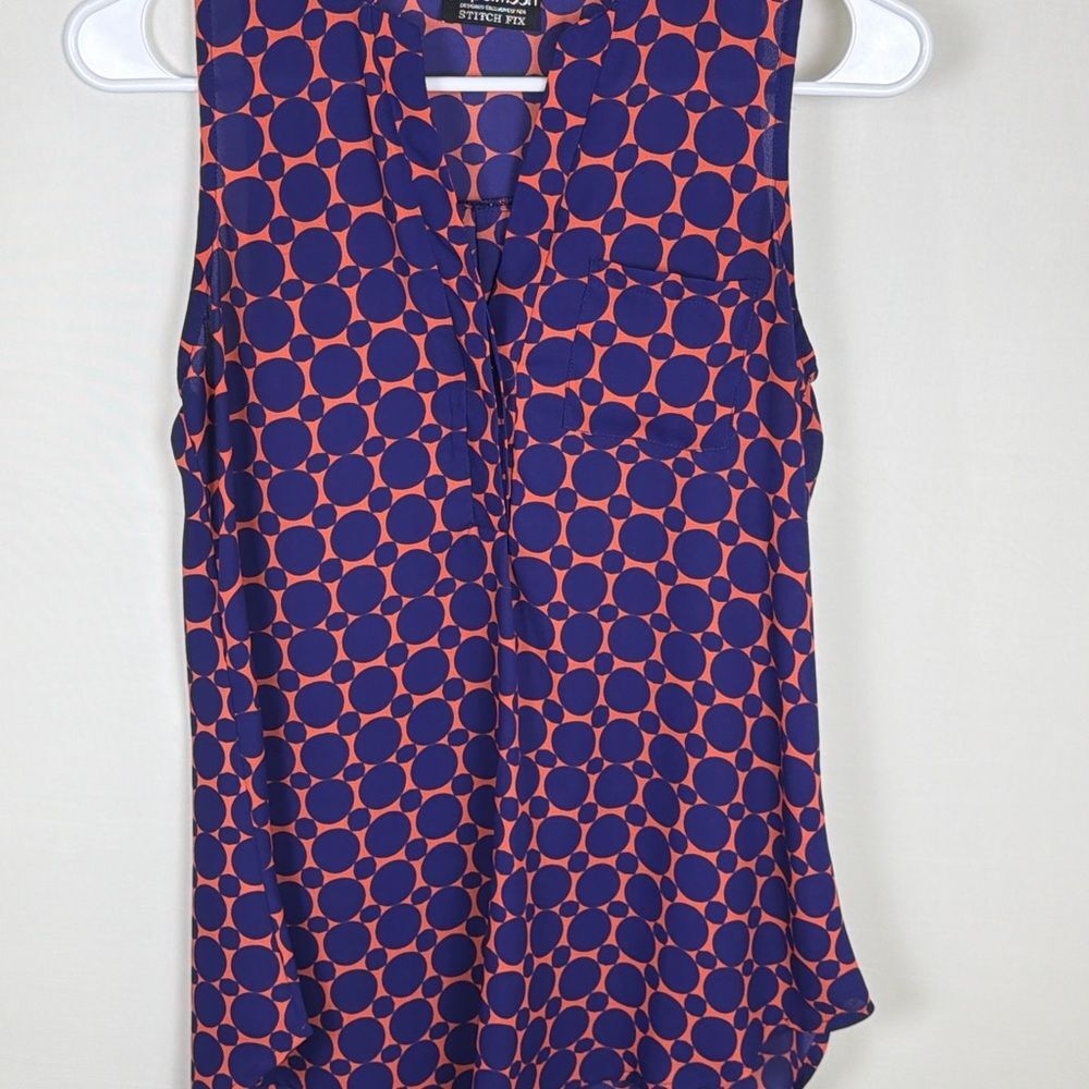 Papermoon Stitch Fix Geometric Polka Dot Sleeveless Blouse Orange Navy Pocket XS
